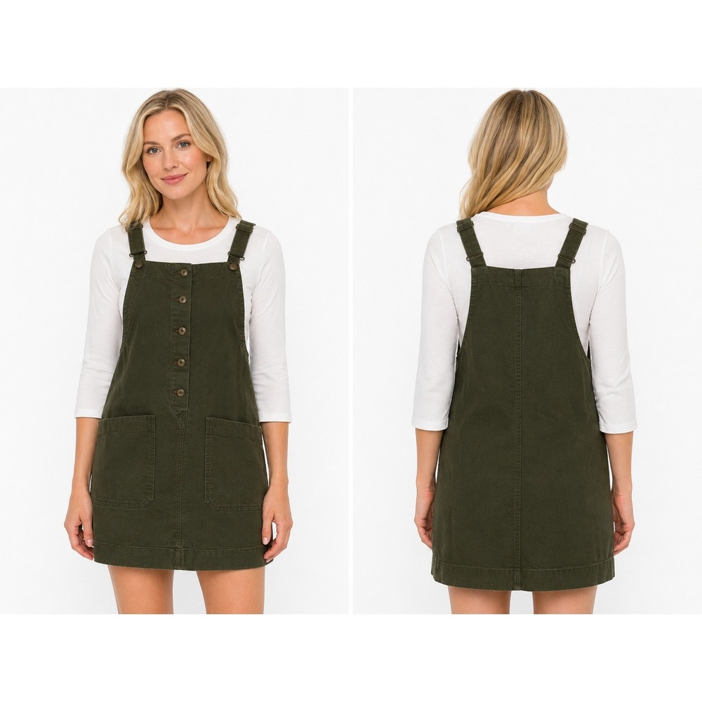 Duluth Trading Co Denim Pinafore Dress sz M Green Herringbone Utility Overall